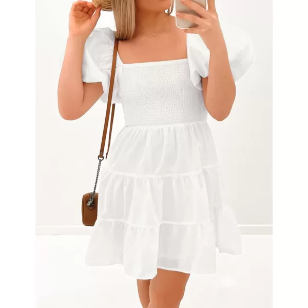 imageZESICA Womens 2024 Boho Summer Square Neck Puff Sleeve Off Shoulder Smocked Tiered Casual A Line Short Mini DressWhite