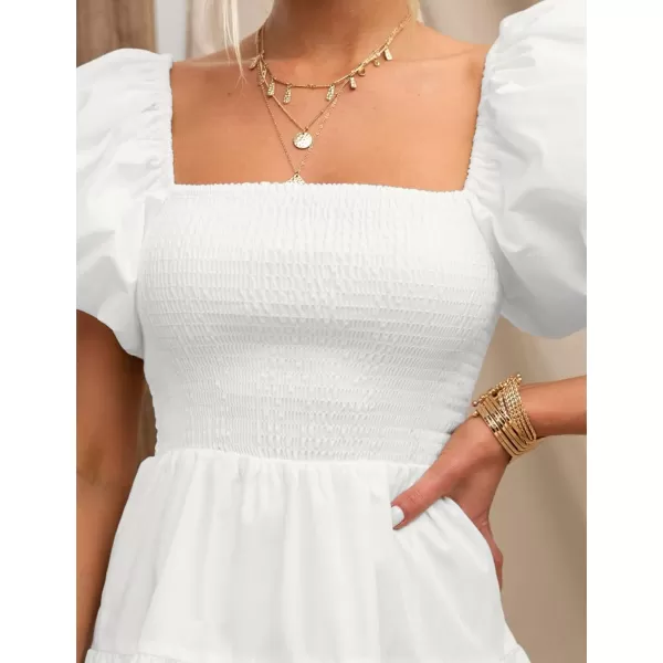 imageZESICA Womens 2024 Boho Summer Square Neck Puff Sleeve Off Shoulder Smocked Tiered Casual A Line Short Mini DressWhite