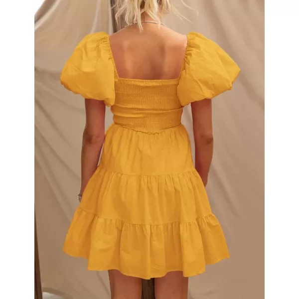 imageZESICA Womens 2024 Boho Summer Square Neck Puff Sleeve Off Shoulder Smocked Tiered Casual A Line Short Mini DressYellow
