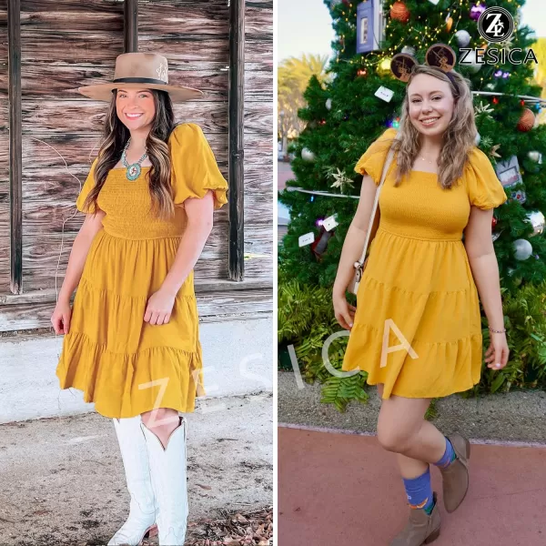 imageZESICA Womens 2024 Boho Summer Square Neck Puff Sleeve Off Shoulder Smocked Tiered Casual A Line Short Mini DressYellow