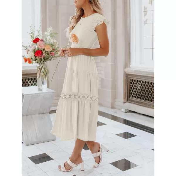imageZESICA Womens 2024 Casual Crew Neck Flutter Sleeve Smocked High Waist Hollow Out Lace Trim Tiered A Line Midi DressApricot