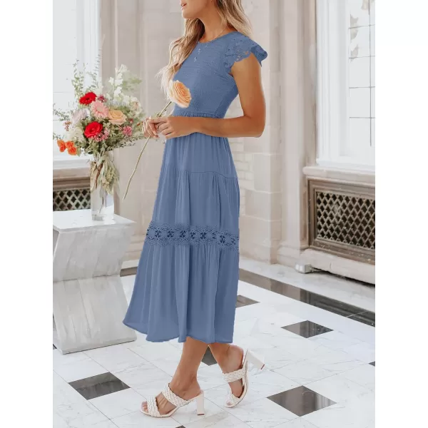imageZESICA Womens 2024 Casual Crew Neck Flutter Sleeve Smocked High Waist Hollow Out Lace Trim Tiered A Line Midi DressDustyblue