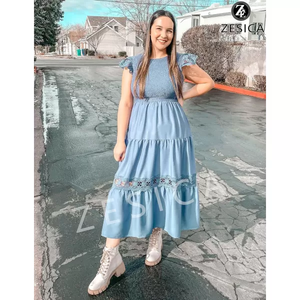 imageZESICA Womens 2024 Casual Crew Neck Flutter Sleeve Smocked High Waist Hollow Out Lace Trim Tiered A Line Midi DressDustyblue