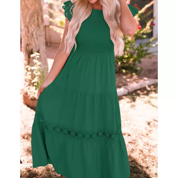 imageZESICA Womens 2024 Casual Crew Neck Flutter Sleeve Smocked High Waist Hollow Out Lace Trim Tiered A Line Midi DressForestgreen