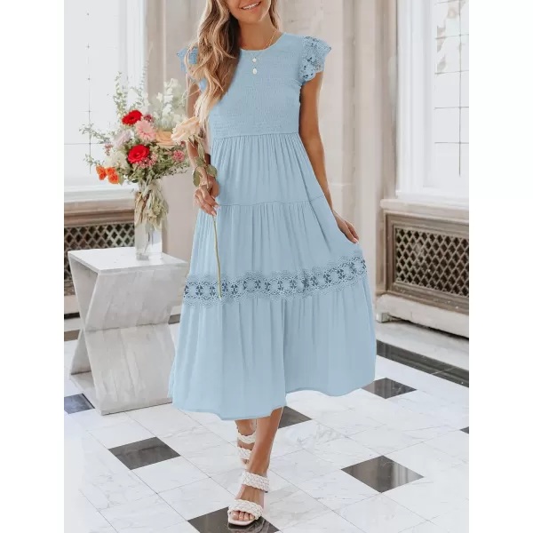 imageZESICA Womens 2024 Casual Crew Neck Flutter Sleeve Smocked High Waist Hollow Out Lace Trim Tiered A Line Midi DressLightblue