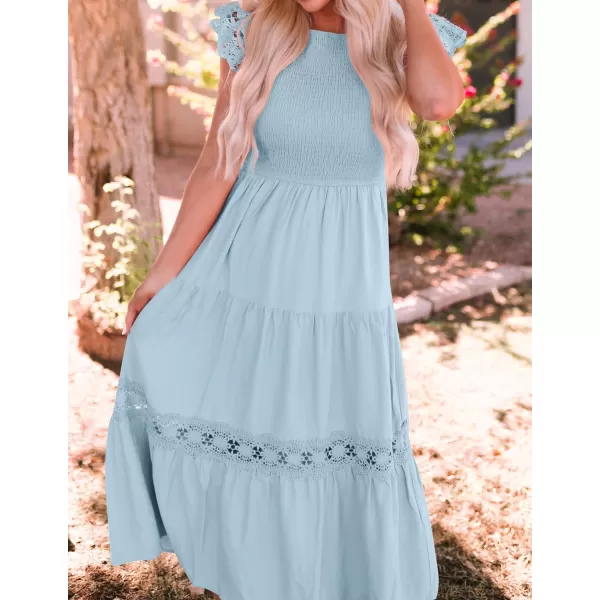 imageZESICA Womens 2024 Casual Crew Neck Flutter Sleeve Smocked High Waist Hollow Out Lace Trim Tiered A Line Midi DressLightblue