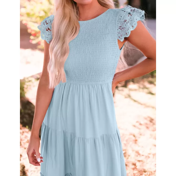 imageZESICA Womens 2024 Casual Crew Neck Flutter Sleeve Smocked High Waist Hollow Out Lace Trim Tiered A Line Midi DressLightblue
