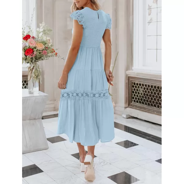 imageZESICA Womens 2024 Casual Crew Neck Flutter Sleeve Smocked High Waist Hollow Out Lace Trim Tiered A Line Midi DressLightblue