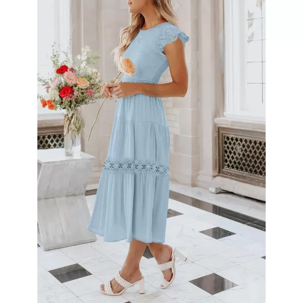 imageZESICA Womens 2024 Casual Crew Neck Flutter Sleeve Smocked High Waist Hollow Out Lace Trim Tiered A Line Midi DressLightblue