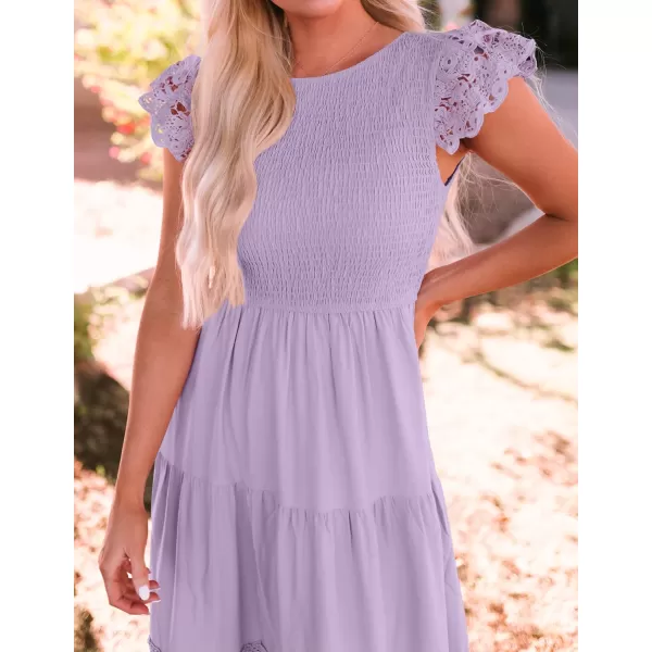 imageZESICA Womens 2024 Casual Crew Neck Flutter Sleeve Smocked High Waist Hollow Out Lace Trim Tiered A Line Midi DressLightpurple