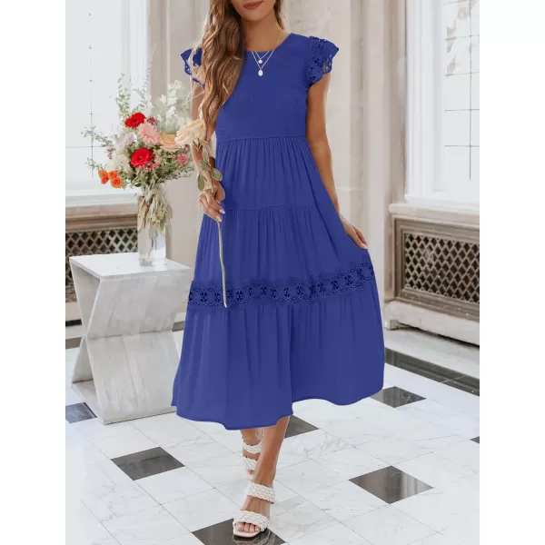 imageZESICA Womens 2024 Casual Crew Neck Flutter Sleeve Smocked High Waist Hollow Out Lace Trim Tiered A Line Midi DressRoyalblue