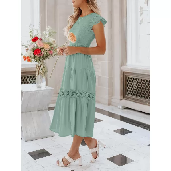 imageZESICA Womens 2024 Casual Crew Neck Flutter Sleeve Smocked High Waist Hollow Out Lace Trim Tiered A Line Midi DressSage