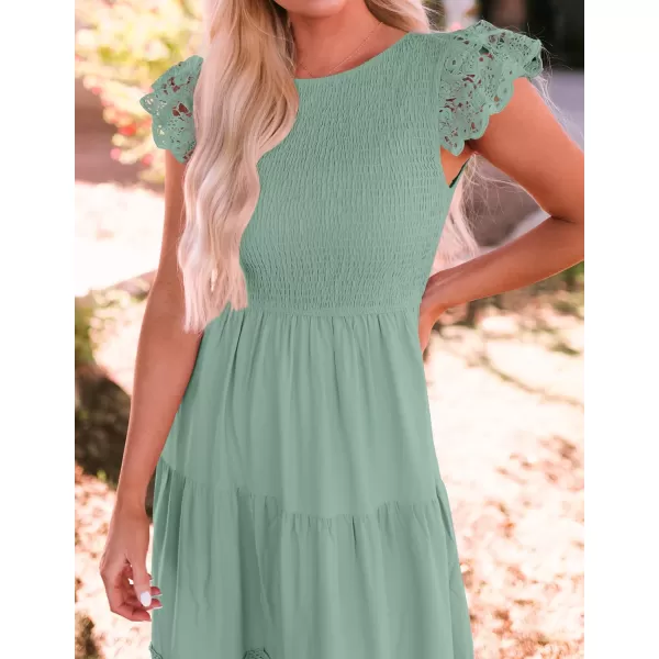 imageZESICA Womens 2024 Casual Crew Neck Flutter Sleeve Smocked High Waist Hollow Out Lace Trim Tiered A Line Midi DressSage