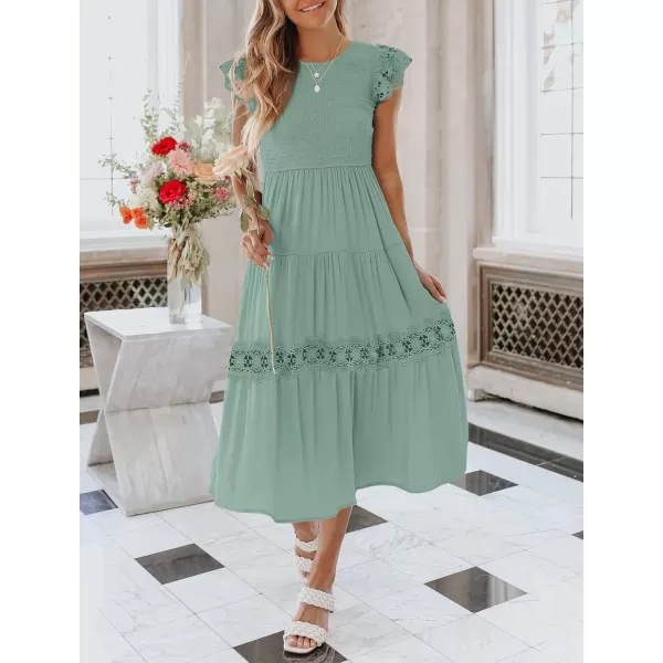 imageZESICA Womens 2024 Casual Crew Neck Flutter Sleeve Smocked High Waist Hollow Out Lace Trim Tiered A Line Midi DressSage
