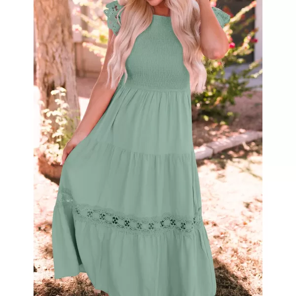 imageZESICA Womens 2024 Casual Crew Neck Flutter Sleeve Smocked High Waist Hollow Out Lace Trim Tiered A Line Midi DressSage