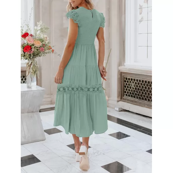 imageZESICA Womens 2024 Casual Crew Neck Flutter Sleeve Smocked High Waist Hollow Out Lace Trim Tiered A Line Midi DressSage