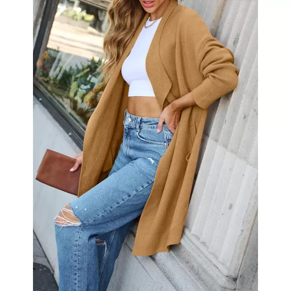imageZESICA Womens 2024 Casual Lapel Cardigan Long Sleeve Open Front Irregular Hem Soft Knitted Sweater Coat with PocketsKhaki