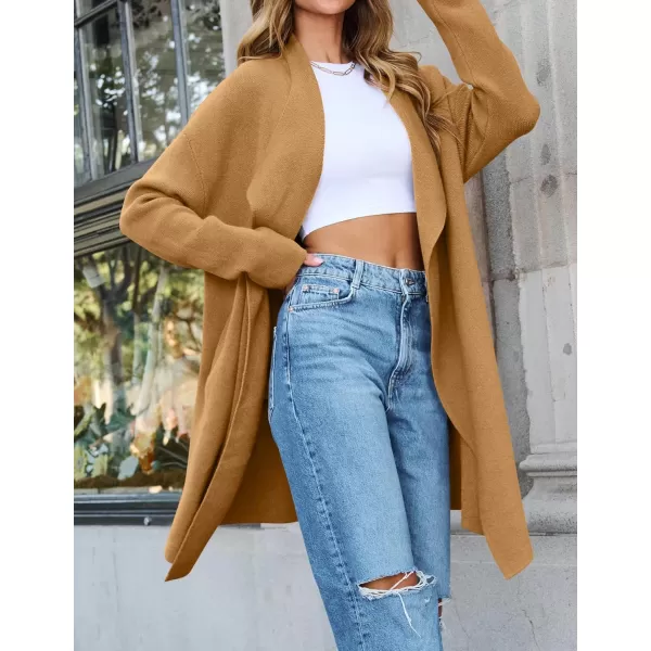 imageZESICA Womens 2024 Casual Lapel Cardigan Long Sleeve Open Front Irregular Hem Soft Knitted Sweater Coat with PocketsKhaki