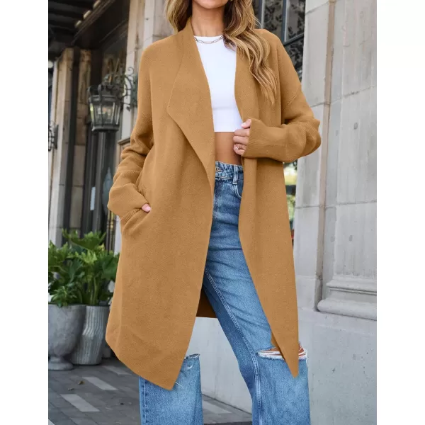 imageZESICA Womens 2024 Casual Lapel Cardigan Long Sleeve Open Front Irregular Hem Soft Knitted Sweater Coat with PocketsKhaki