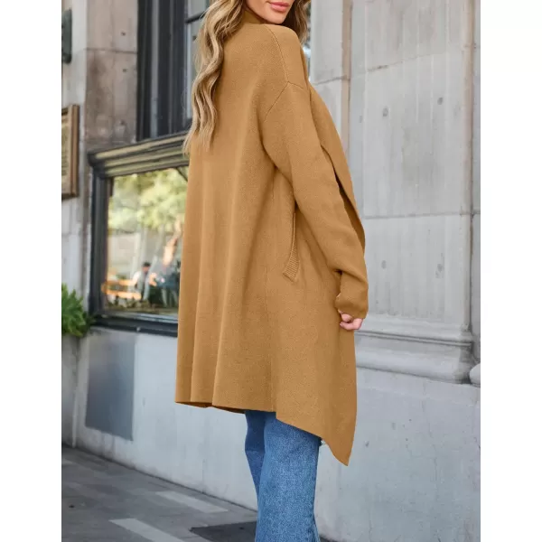 imageZESICA Womens 2024 Casual Lapel Cardigan Long Sleeve Open Front Irregular Hem Soft Knitted Sweater Coat with PocketsKhaki