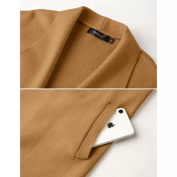 imageZESICA Womens 2024 Casual Lapel Cardigan Long Sleeve Open Front Irregular Hem Soft Knitted Sweater Coat with PocketsKhaki
