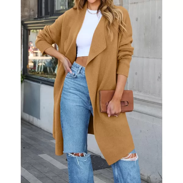 imageZESICA Womens 2024 Casual Lapel Cardigan Long Sleeve Open Front Irregular Hem Soft Knitted Sweater Coat with PocketsKhaki