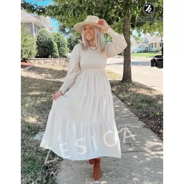 imageZESICA Womens 2024 Casual Long Sleeve Crew Neck High Waist Smocked Flowy Tiered Midi DressBeige