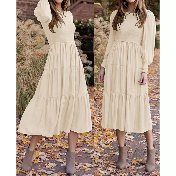 imageZESICA Womens 2024 Casual Long Sleeve Crew Neck High Waist Smocked Flowy Tiered Midi DressBeige