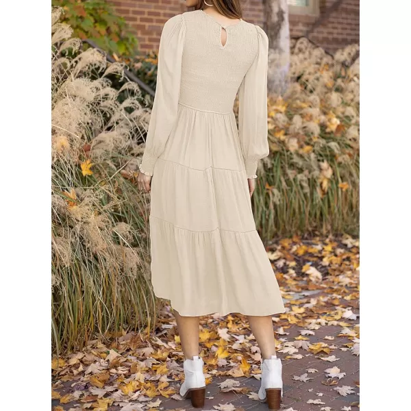 imageZESICA Womens 2024 Casual Long Sleeve Crew Neck High Waist Smocked Flowy Tiered Midi DressBeige