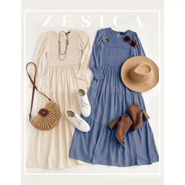 imageZESICA Womens 2024 Casual Long Sleeve Crew Neck High Waist Smocked Flowy Tiered Midi DressBeige