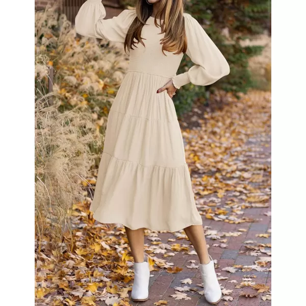 imageZESICA Womens 2024 Casual Long Sleeve Crew Neck High Waist Smocked Flowy Tiered Midi DressBeige