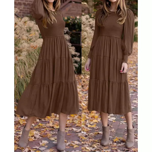 imageZESICA Womens 2024 Casual Long Sleeve Crew Neck High Waist Smocked Flowy Tiered Midi DressCoffee