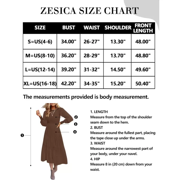imageZESICA Womens 2024 Casual Long Sleeve Crew Neck High Waist Smocked Flowy Tiered Midi DressCoffee