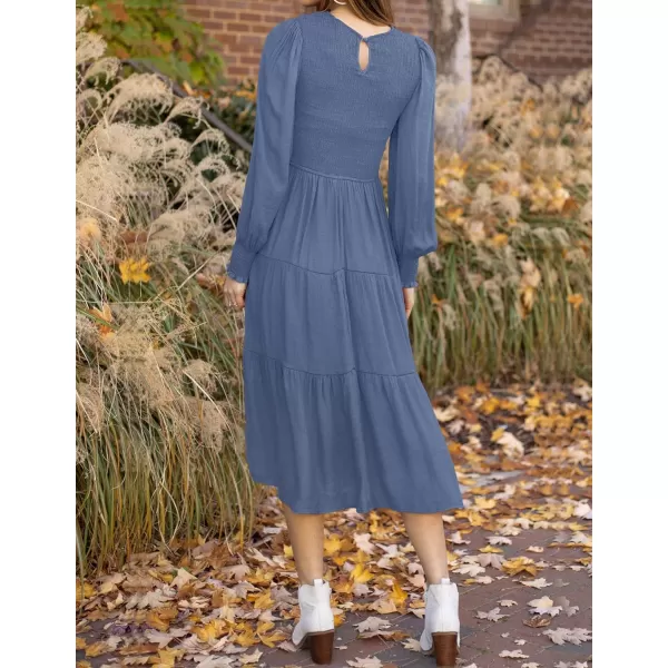 imageZESICA Womens 2024 Casual Long Sleeve Crew Neck High Waist Smocked Flowy Tiered Midi DressDustyblue
