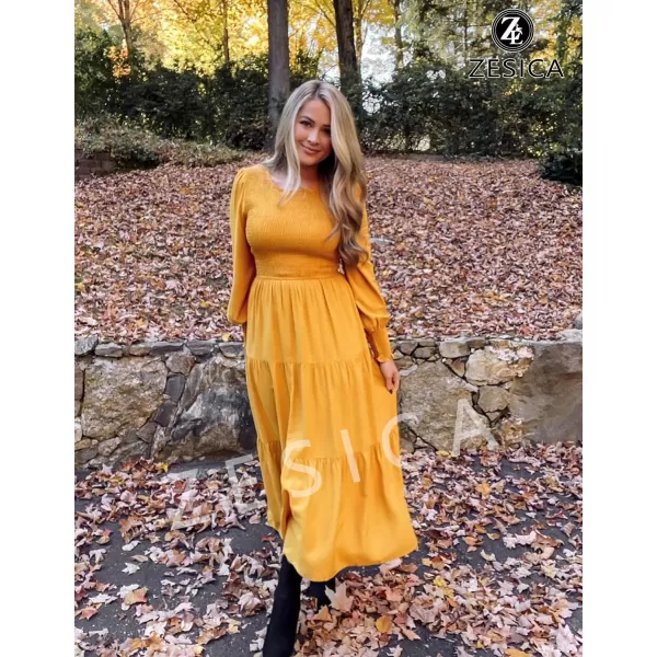 imageZESICA Womens 2024 Casual Long Sleeve Crew Neck High Waist Smocked Flowy Tiered Midi DressGinger