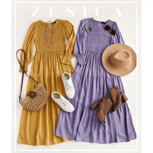 imageZESICA Womens 2024 Casual Long Sleeve Crew Neck High Waist Smocked Flowy Tiered Midi DressGinger
