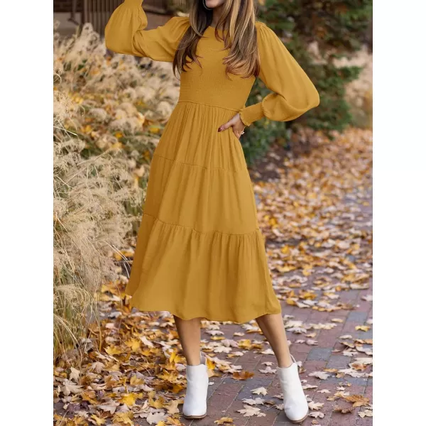 imageZESICA Womens 2024 Casual Long Sleeve Crew Neck High Waist Smocked Flowy Tiered Midi DressGinger