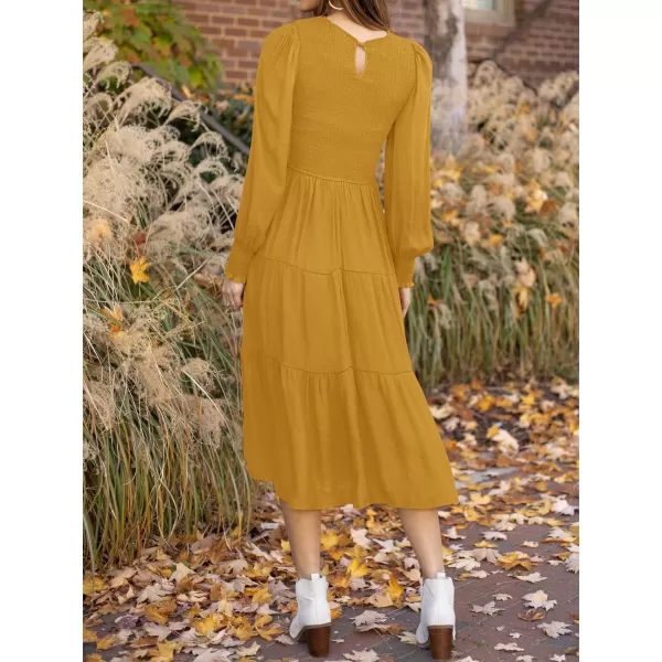 imageZESICA Womens 2024 Casual Long Sleeve Crew Neck High Waist Smocked Flowy Tiered Midi DressGinger