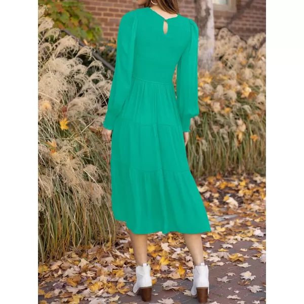 imageZESICA Womens 2024 Casual Long Sleeve Crew Neck High Waist Smocked Flowy Tiered Midi DressGreen