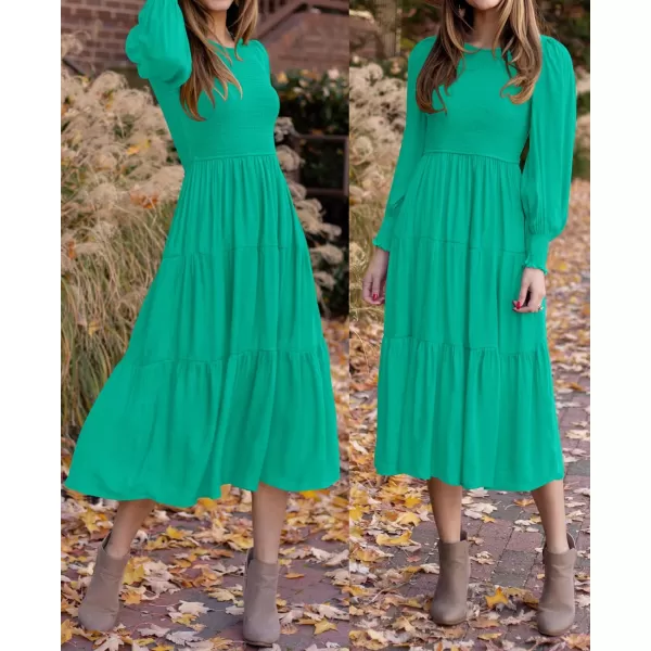 imageZESICA Womens 2024 Casual Long Sleeve Crew Neck High Waist Smocked Flowy Tiered Midi DressGreen