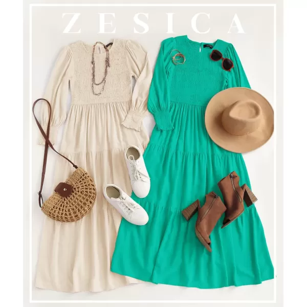 imageZESICA Womens 2024 Casual Long Sleeve Crew Neck High Waist Smocked Flowy Tiered Midi DressGreen
