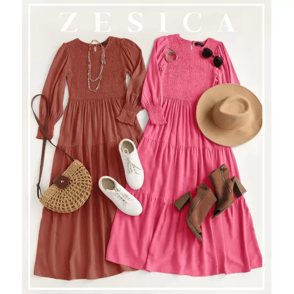imageZESICA Womens 2024 Casual Long Sleeve Crew Neck High Waist Smocked Flowy Tiered Midi DressHotpink