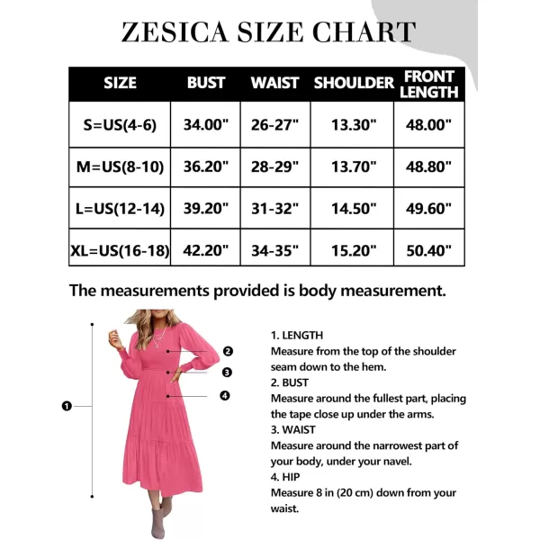 imageZESICA Womens 2024 Casual Long Sleeve Crew Neck High Waist Smocked Flowy Tiered Midi DressHotpink