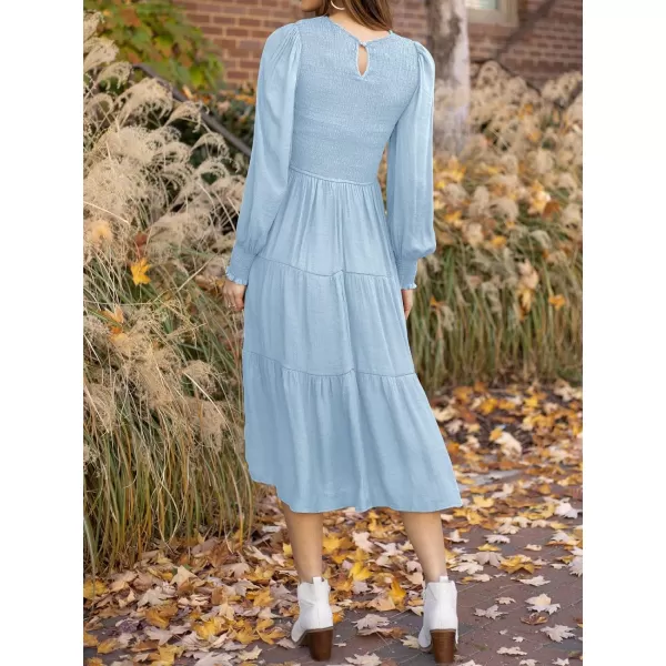 imageZESICA Womens 2024 Casual Long Sleeve Crew Neck High Waist Smocked Flowy Tiered Midi DressLightblue