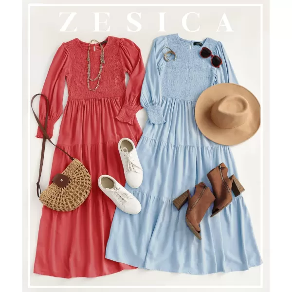 imageZESICA Womens 2024 Casual Long Sleeve Crew Neck High Waist Smocked Flowy Tiered Midi DressLightblue