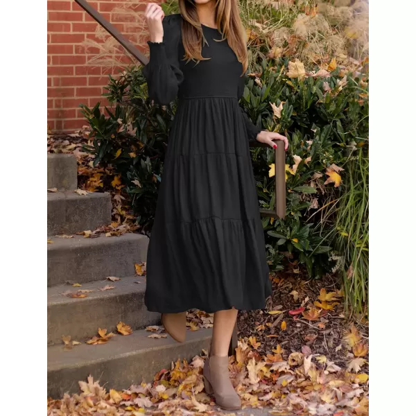 imageZESICA Womens 2024 Casual Long Sleeve Crew Neck High Waist Smocked Flowy Tiered Midi DressPureblack