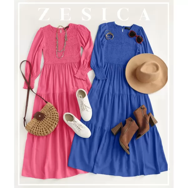 imageZESICA Womens 2024 Casual Long Sleeve Crew Neck High Waist Smocked Flowy Tiered Midi DressRoyalblue
