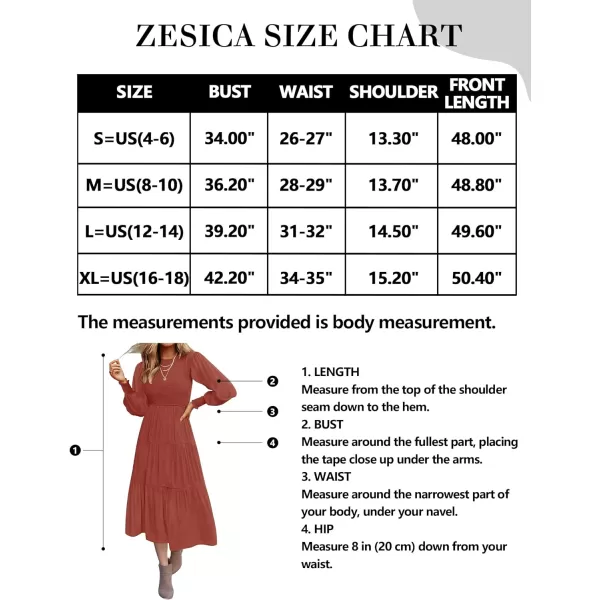 imageZESICA Womens 2024 Casual Long Sleeve Crew Neck High Waist Smocked Flowy Tiered Midi DressRust