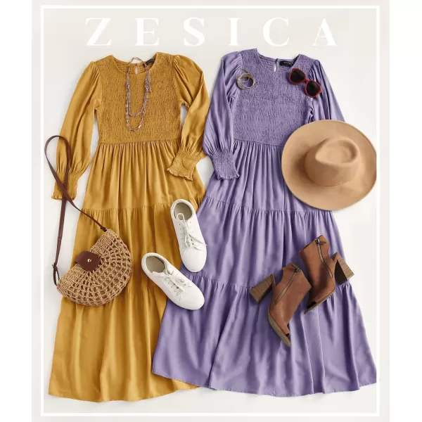 imageZESICA Womens 2024 Casual Long Sleeve Crew Neck High Waist Smocked Flowy Tiered Midi DressViolet