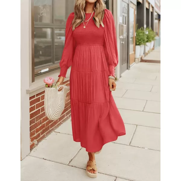 imageZESICA Womens 2024 Casual Long Sleeve Crew Neck High Waist Smocked Flowy Tiered Midi DressWatermelonred